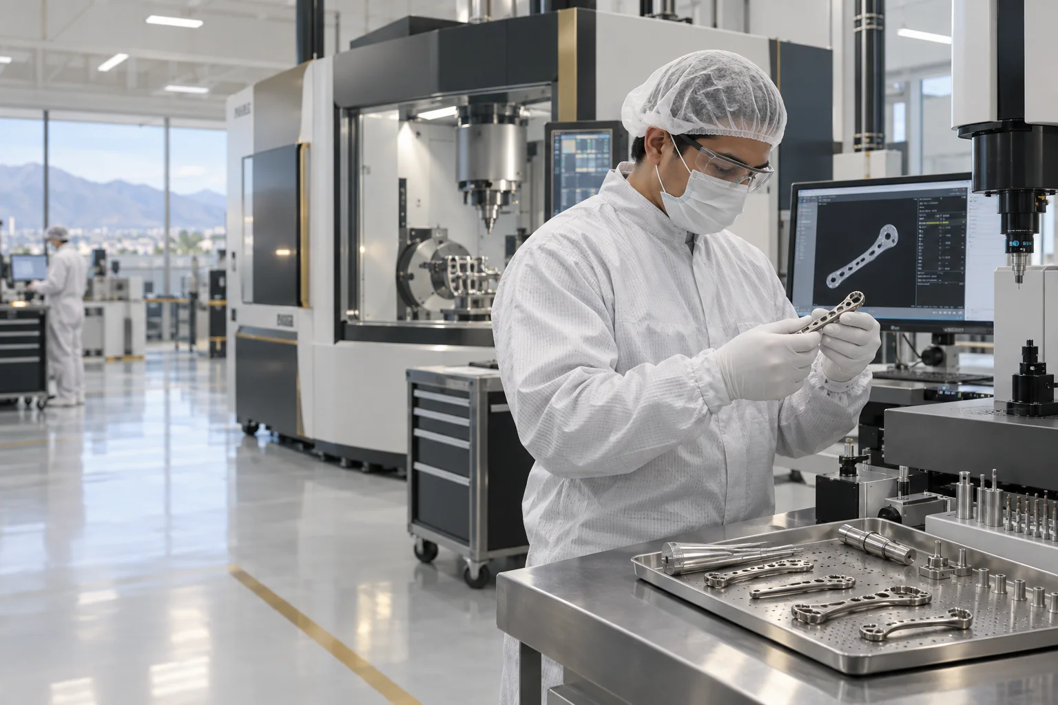 Engineer inspecting orthopedic medical-device components in a precision manufacturing cleanroom