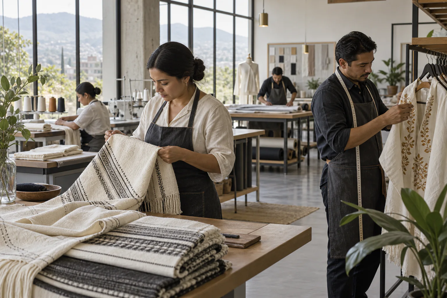 Skilled textile team inspecting fabric in a modern Mexican production studio