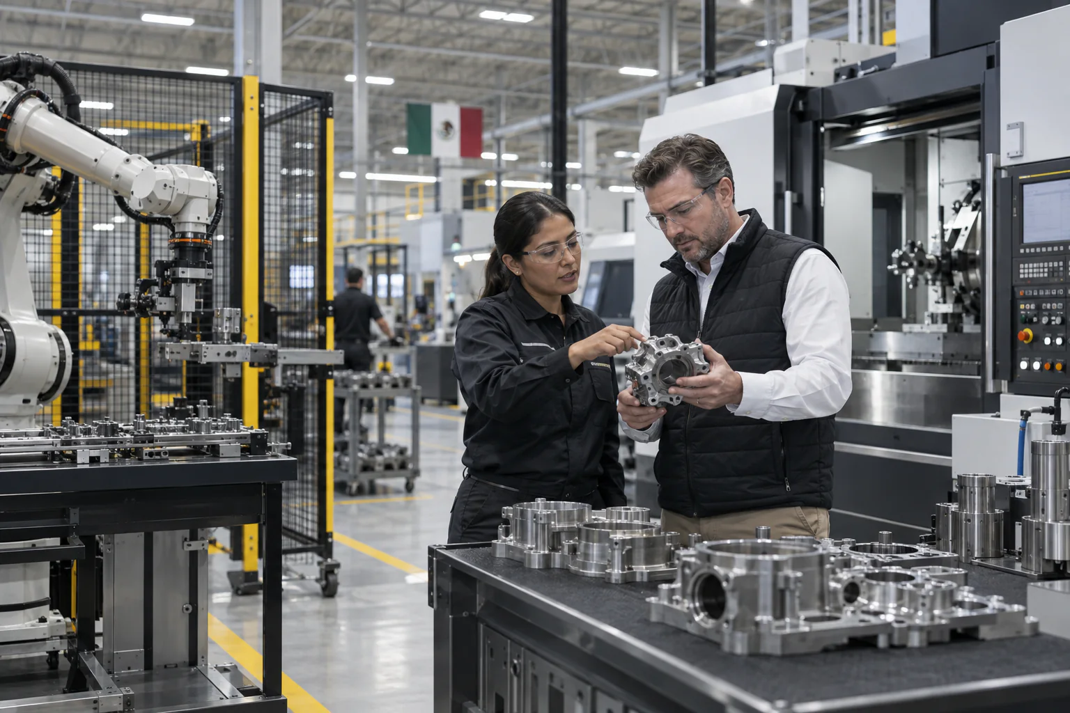 Industrial machinery specialists reviewing a precision mechanical assembly