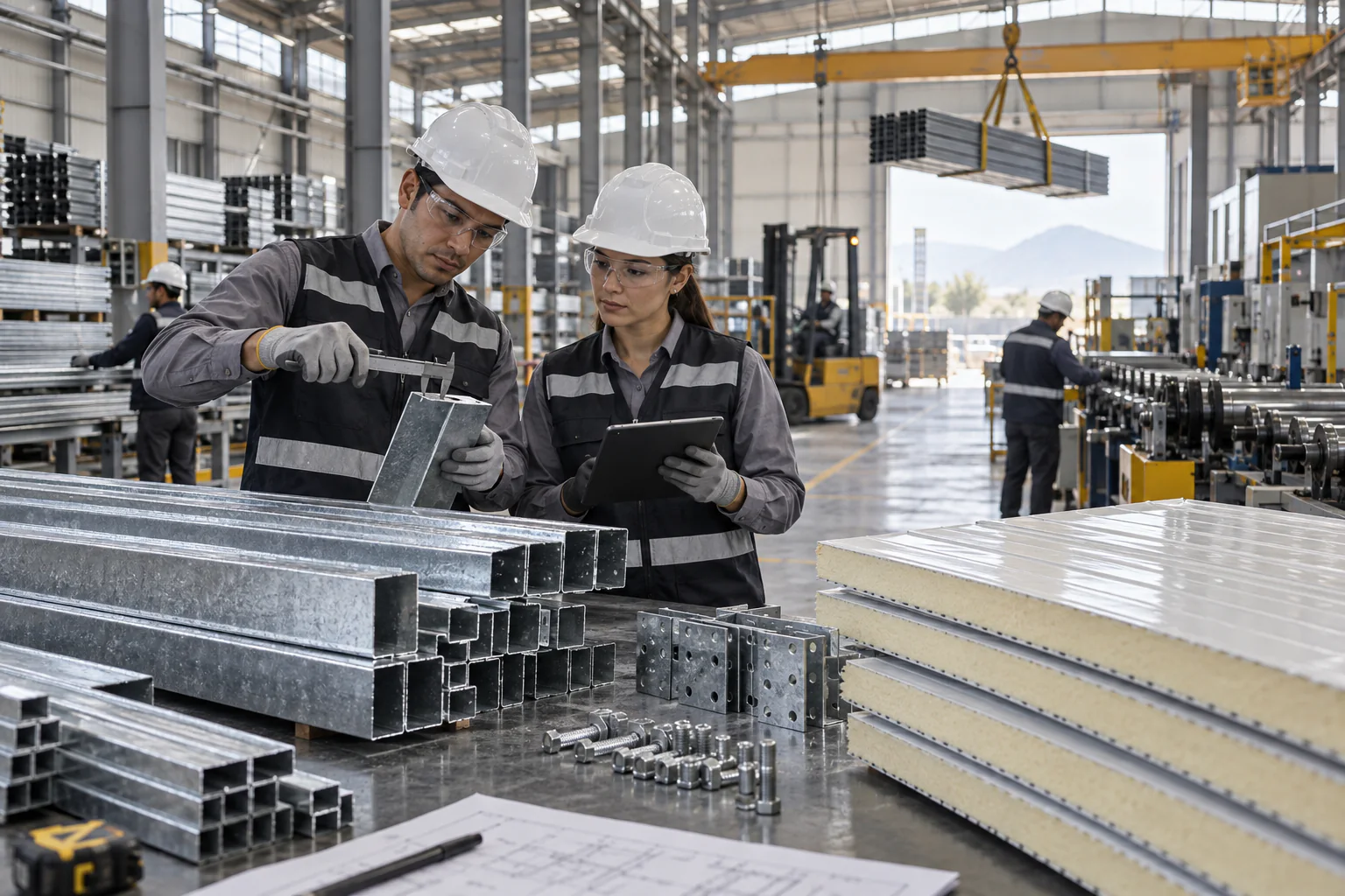 Engineers inspecting structural steel and manufactured building products