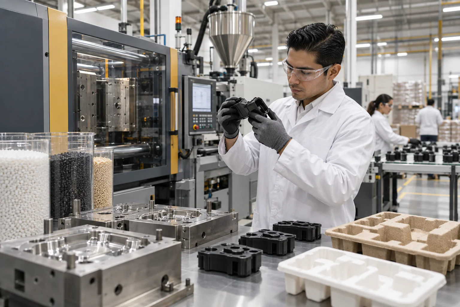 Engineer inspecting precision molded polymer components