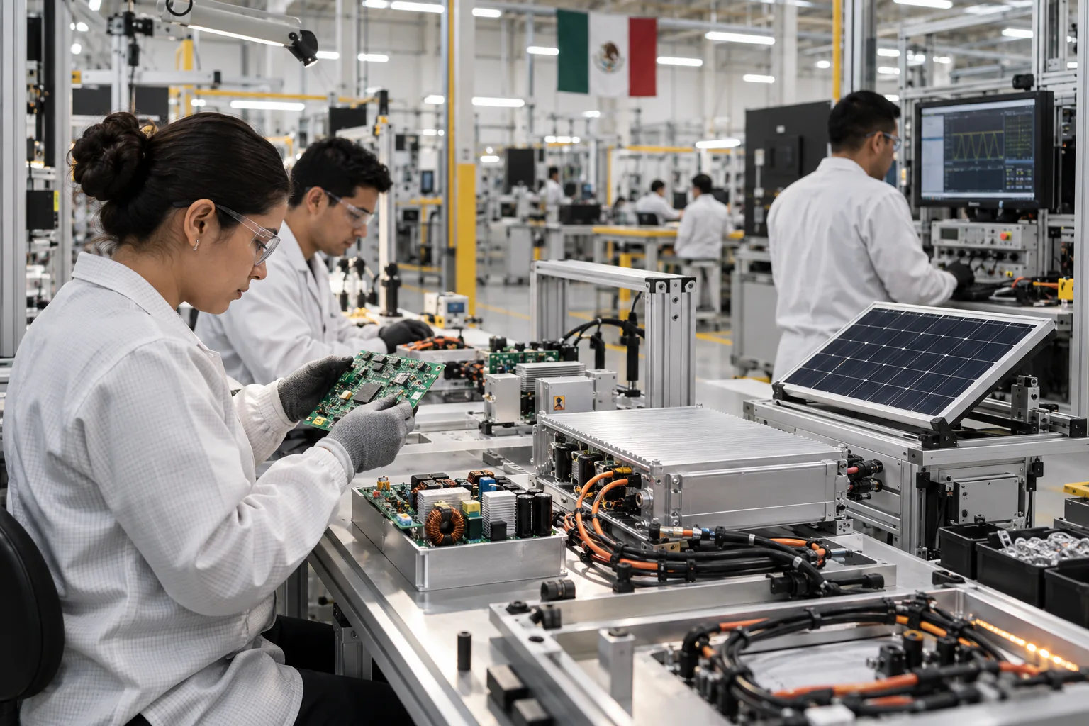 Electronics engineers inspecting power-control boards and cable assemblies