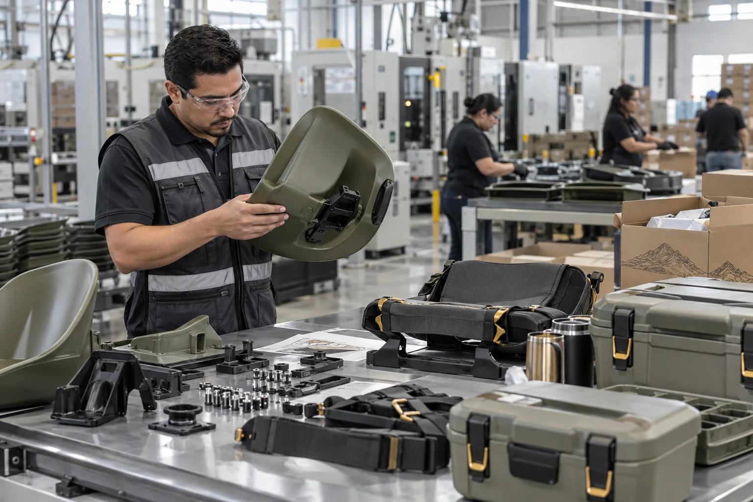 Engineer reviewing molded consumer-product assemblies and hardware
