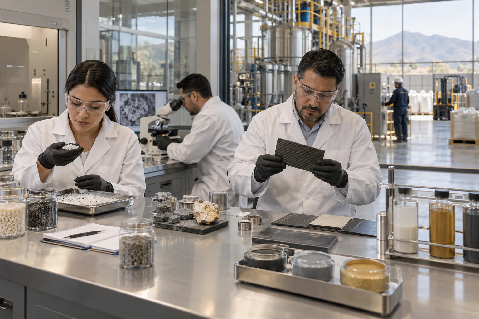 Materials engineers examining polymers coatings and composite samples