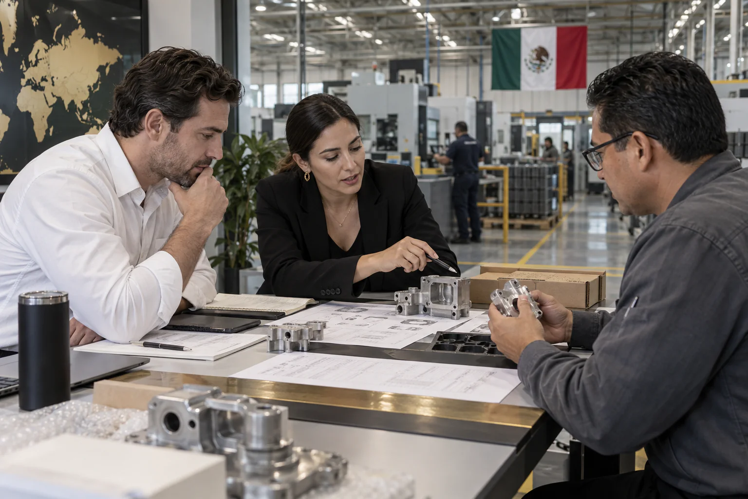 Buyer and supplier comparing an RFQ package with physical components