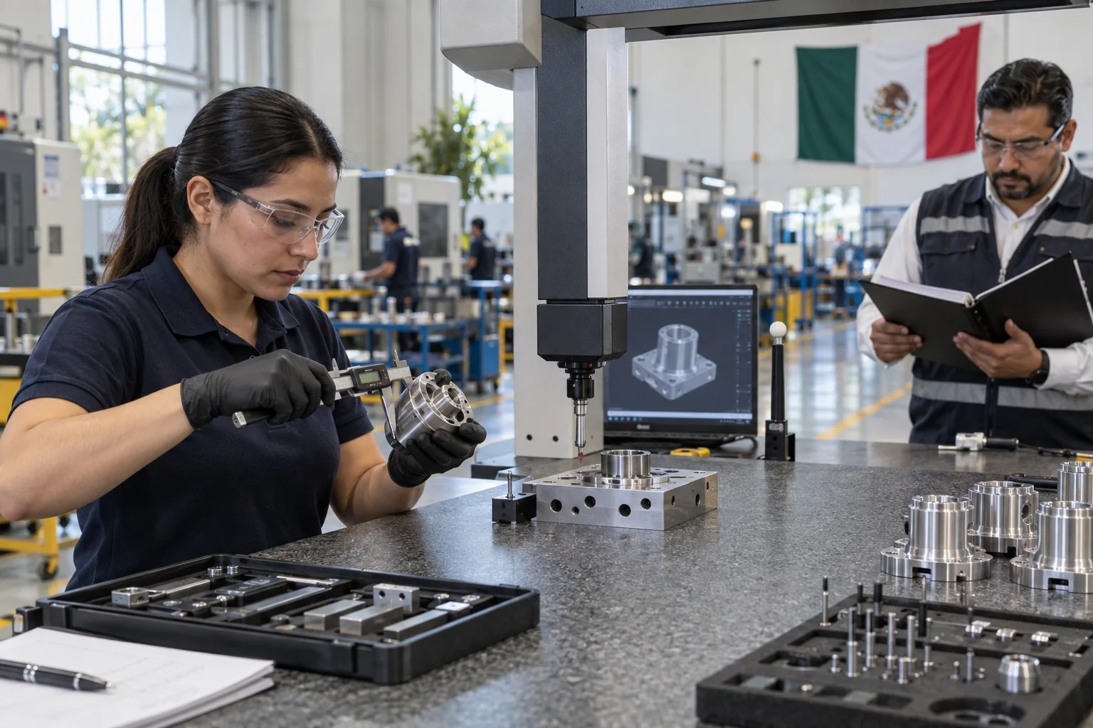 Quality engineer inspecting a manufactured component at a measurement station