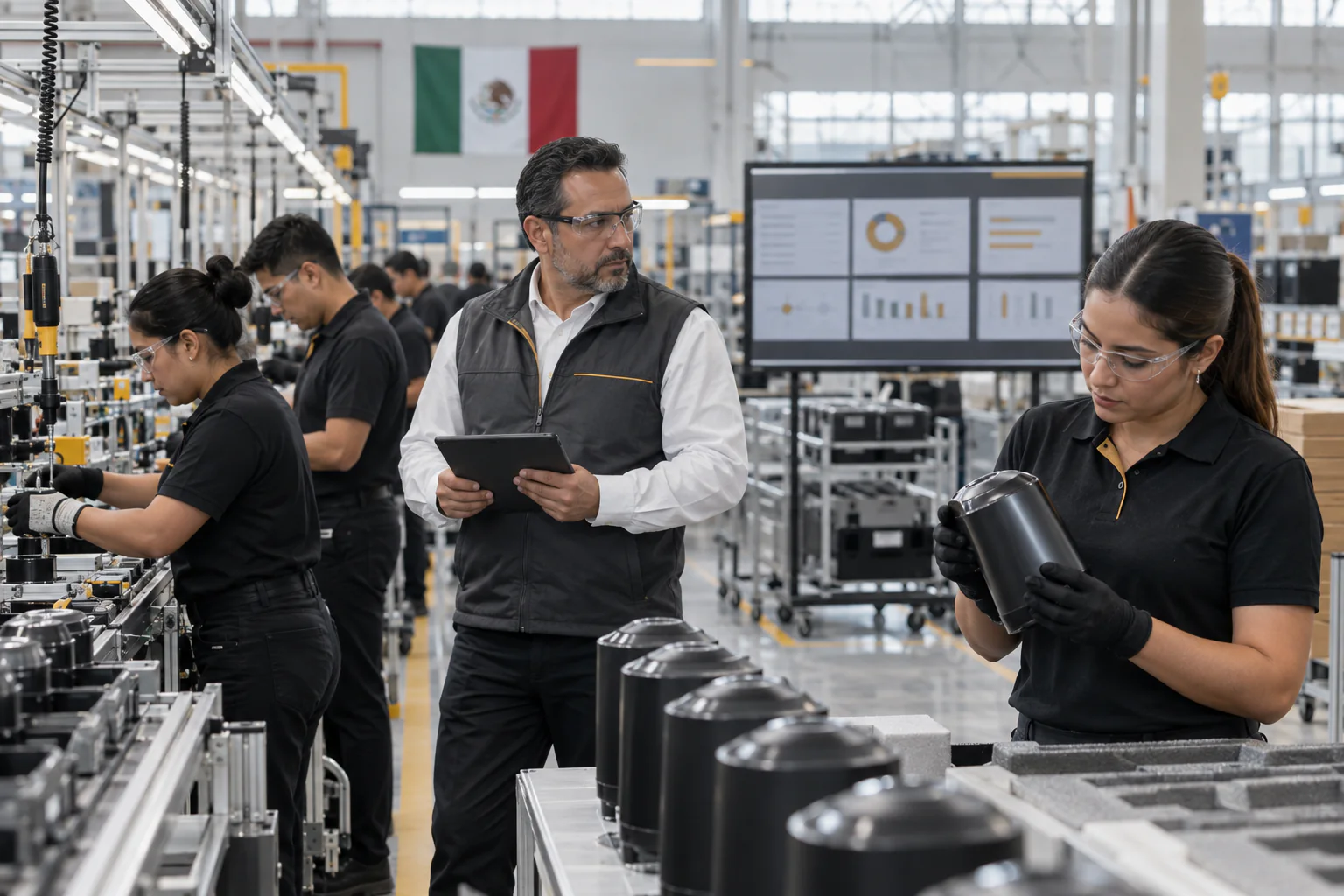 Contract manufacturing team inspecting finished units beside production