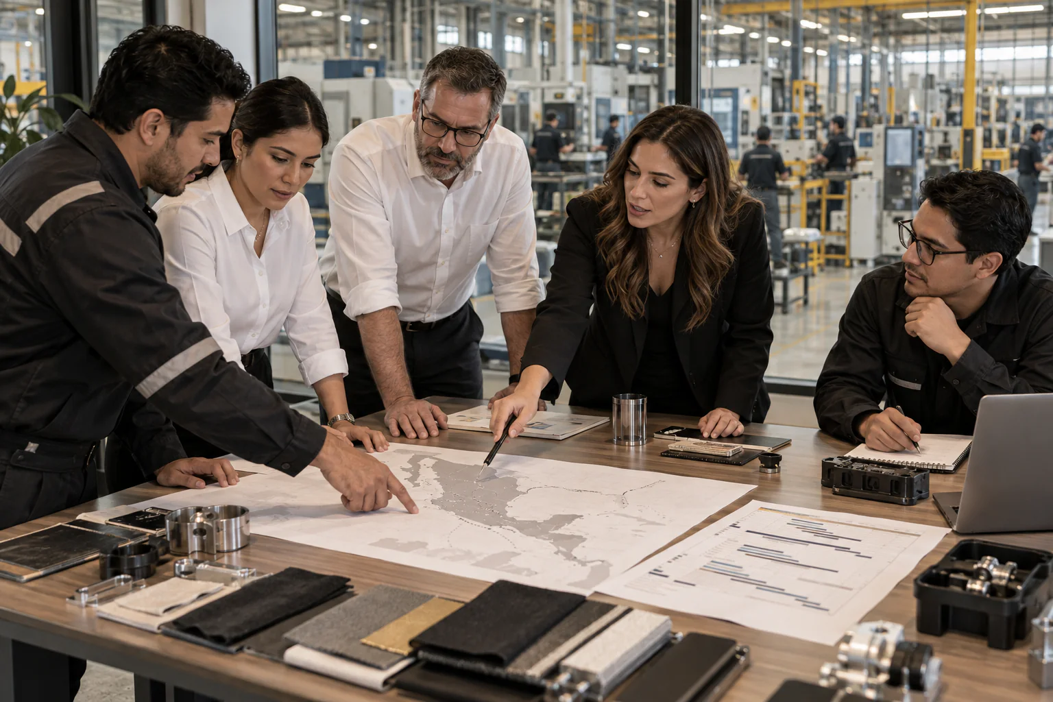 Bilingual procurement and manufacturing team collaborating around product samples