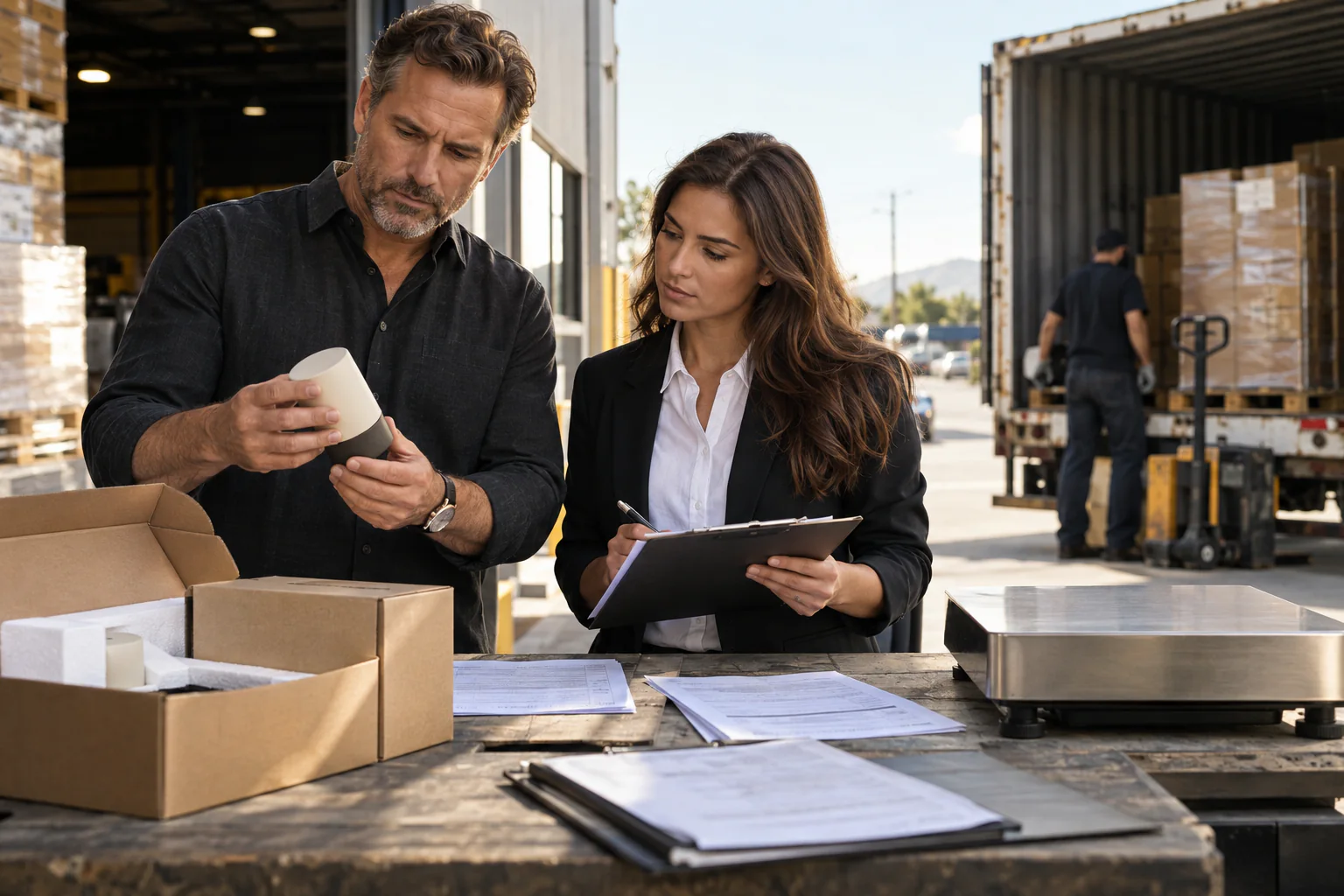 Business owner reviewing transparent product and freight cost evidence