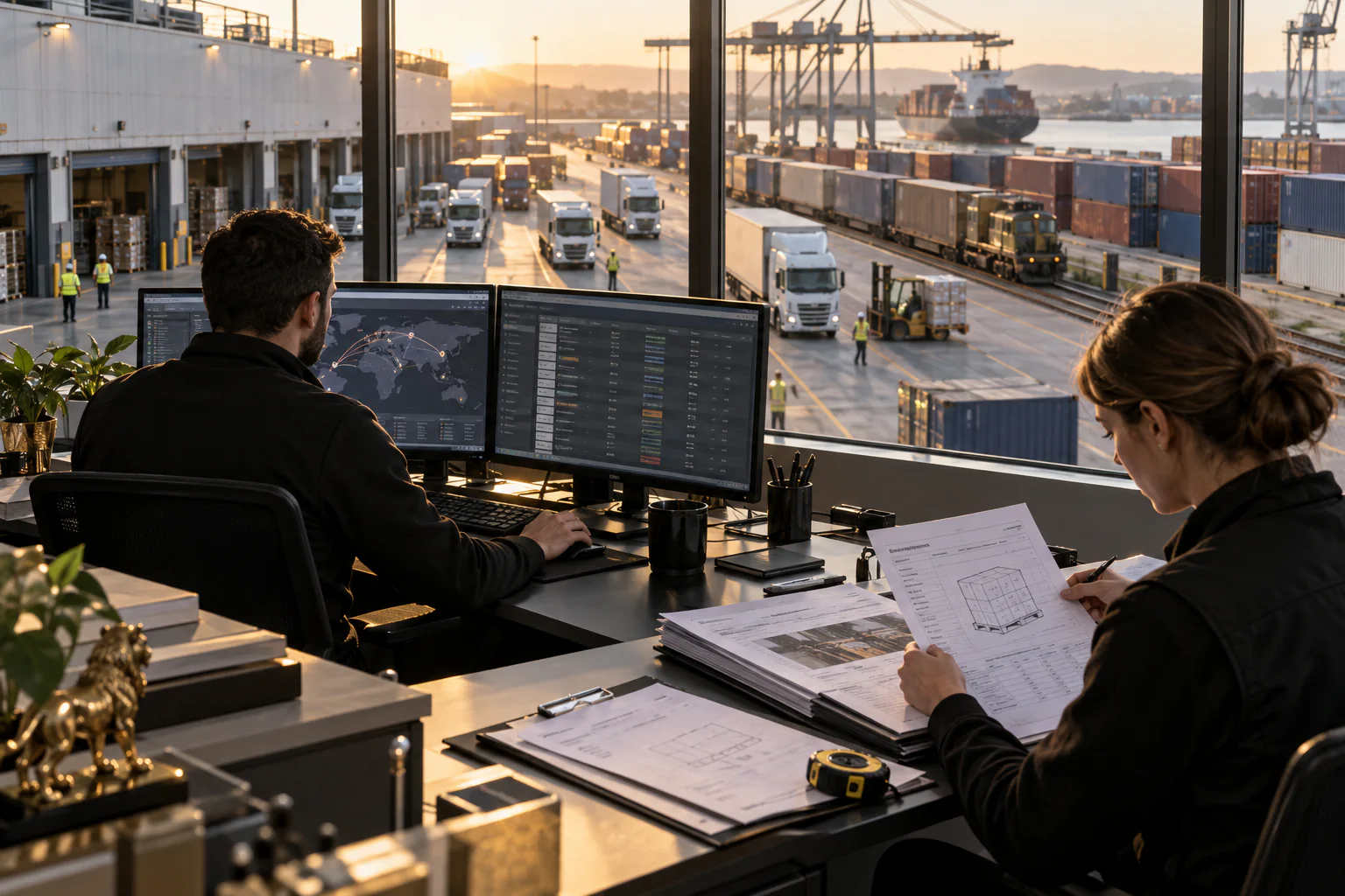 Logistics coordinator comparing freight options above an intermodal terminal