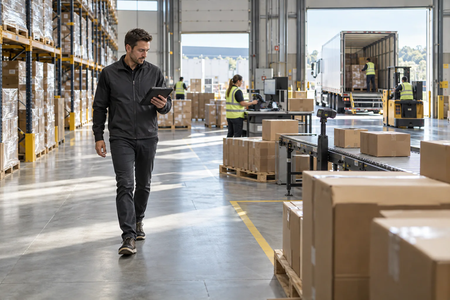 Logistics manager assessing an organized high-bay 3PL warehouse
