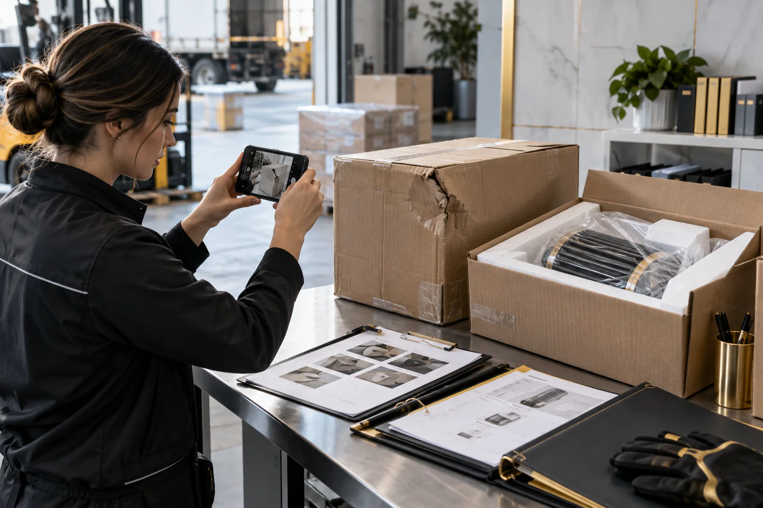Coordinator documenting package condition for a freight claim