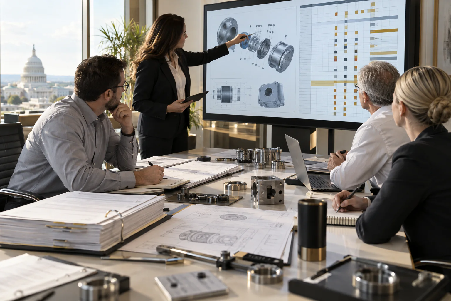 Proposal team reviewing a requirements compliance matrix