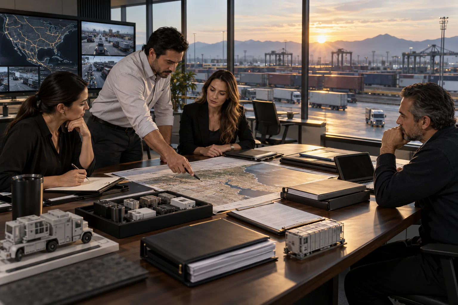 Integrated cross-border logistics operations coordinating an equipment shipment